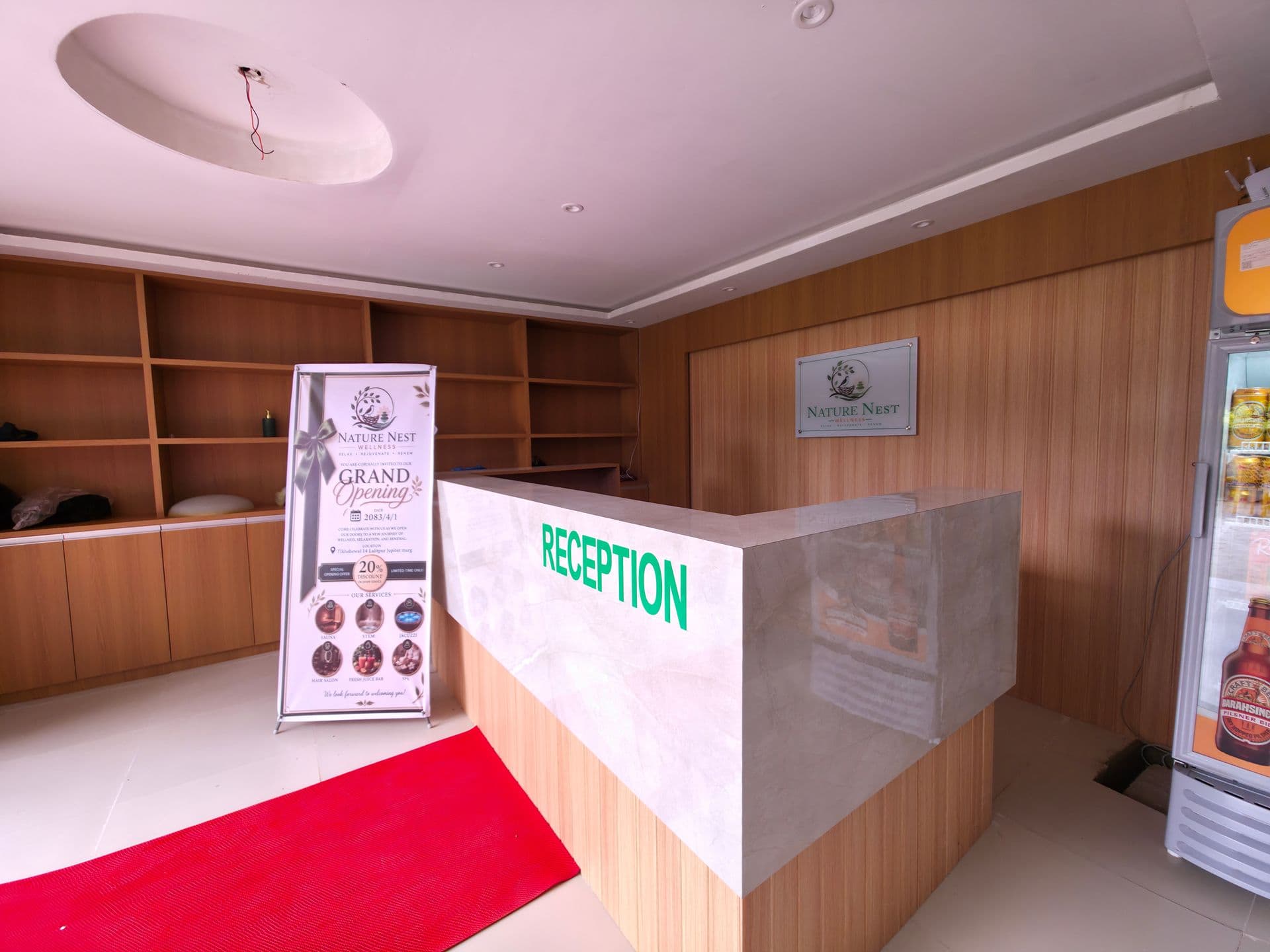 Nature Nest Wellness reception and lounge area in Lalitpur